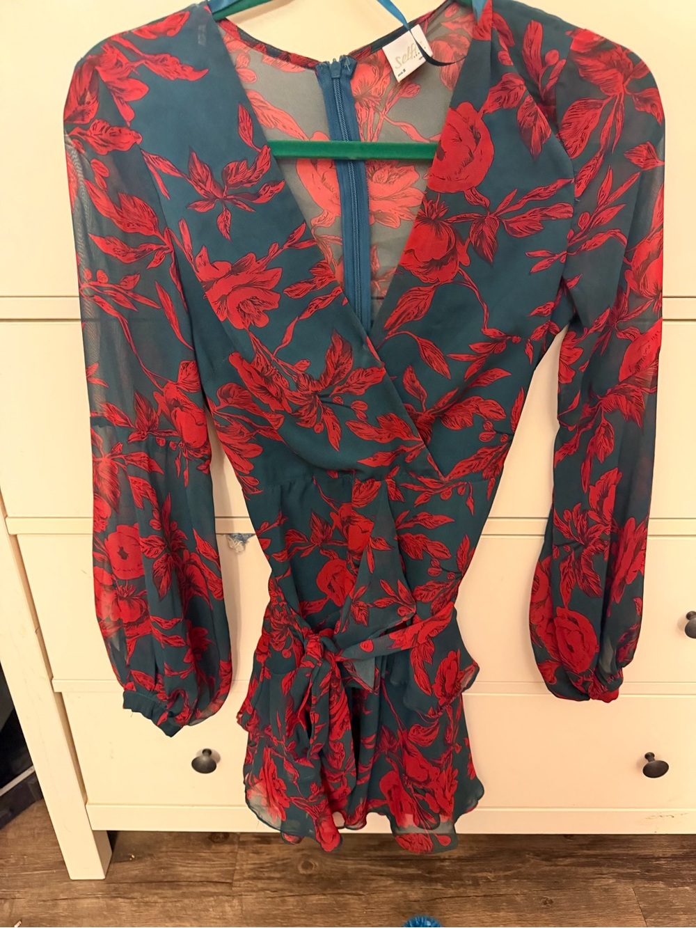 Floral Wrap Mini Dress in Red and Dark Green - Picture 5 of 5